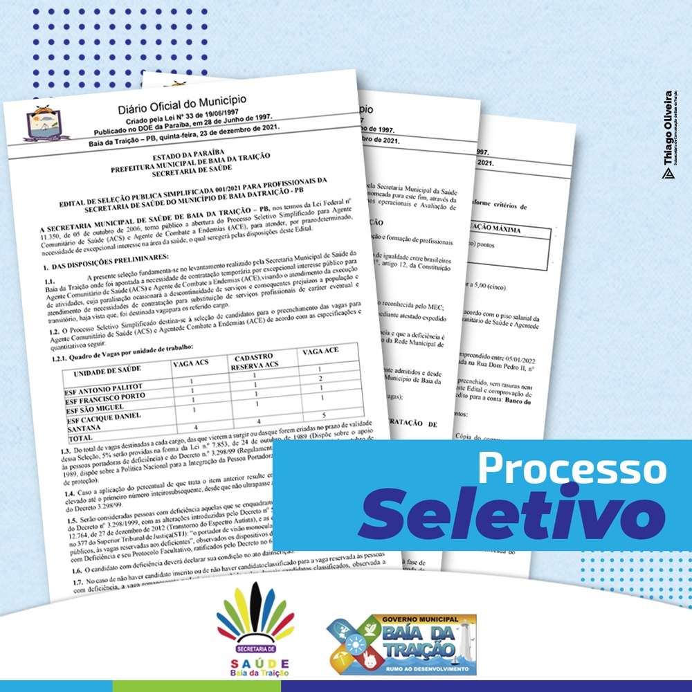 PROCESSO SELETIVO ACS, ACE Nº 001/2021 EDITAL DE CONVOCAÇÃO